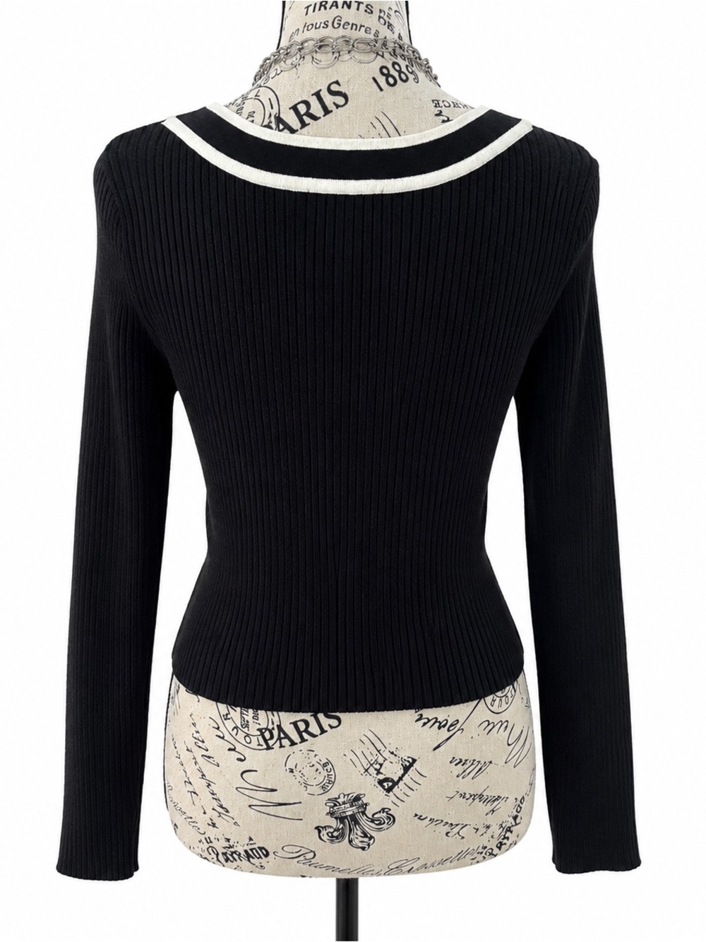 BDG Black Ribbed V-Neck Long-Sleeve Sweater with Cream Trim - Picture 2 of 6